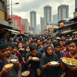 A bustling urban scene in Jakarta, Indonesia, depicting a crowded street filled with hungry people of diverse ethnic backgrounds, expressing a sense of urgency and desperation