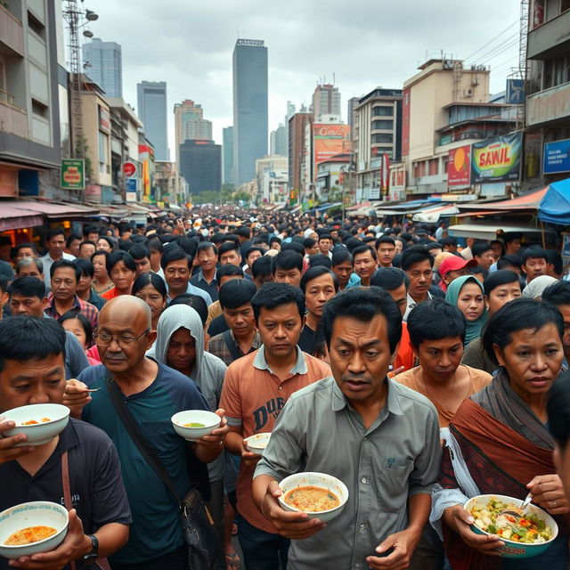 A bustling urban scene in Jakarta, Indonesia, depicting a crowded street filled with hungry people of diverse ethnic backgrounds, expressing a sense of urgency and desperation