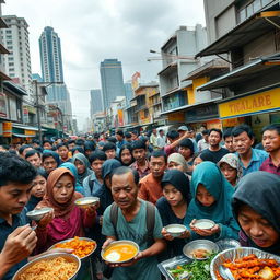 A bustling urban scene in Jakarta, Indonesia, depicting a crowded street filled with hungry people of diverse ethnic backgrounds, expressing a sense of urgency and desperation