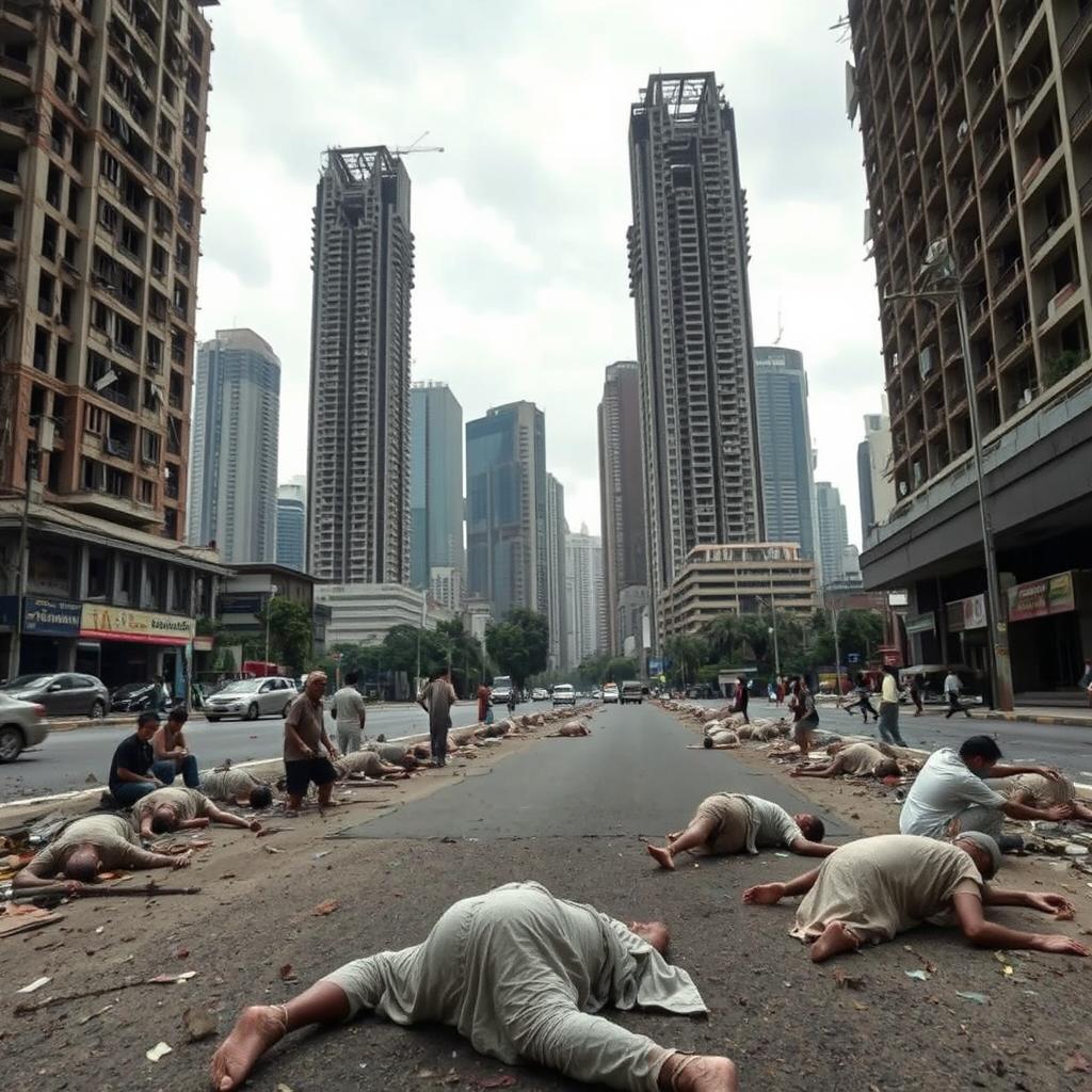 A desolate city scene in Jakarta, featuring towering skyscrapers that are damaged and partially destroyed, creating a haunting skyline