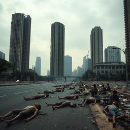 A desolate city scene in Jakarta, featuring towering skyscrapers that are damaged and partially destroyed, creating a haunting skyline