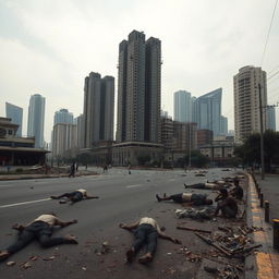 A desolate city scene in Jakarta, featuring towering skyscrapers that are damaged and partially destroyed, creating a haunting skyline