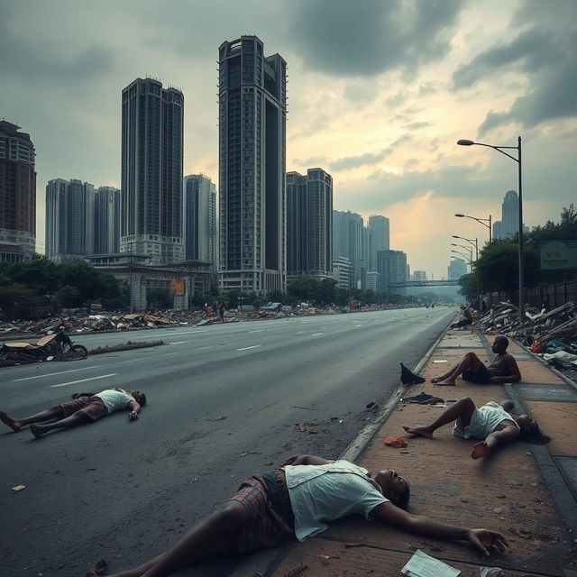 A desolate city scene in Jakarta, featuring towering skyscrapers that are damaged and partially destroyed, creating a haunting skyline