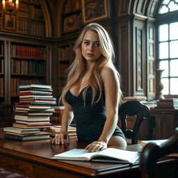 A beautiful European 18-year-old student with long blond hair and a voluptuous body, portrayed in an elegant study environment reminiscent of a classic European library