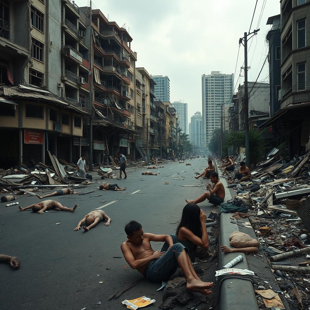 A haunting and desolate scene of post-tsunami Jakarta, depicting the aftermath of a devastating natural disaster