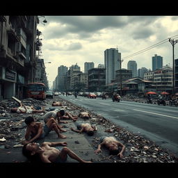 A haunting and desolate scene of post-tsunami Jakarta, depicting the aftermath of a devastating natural disaster