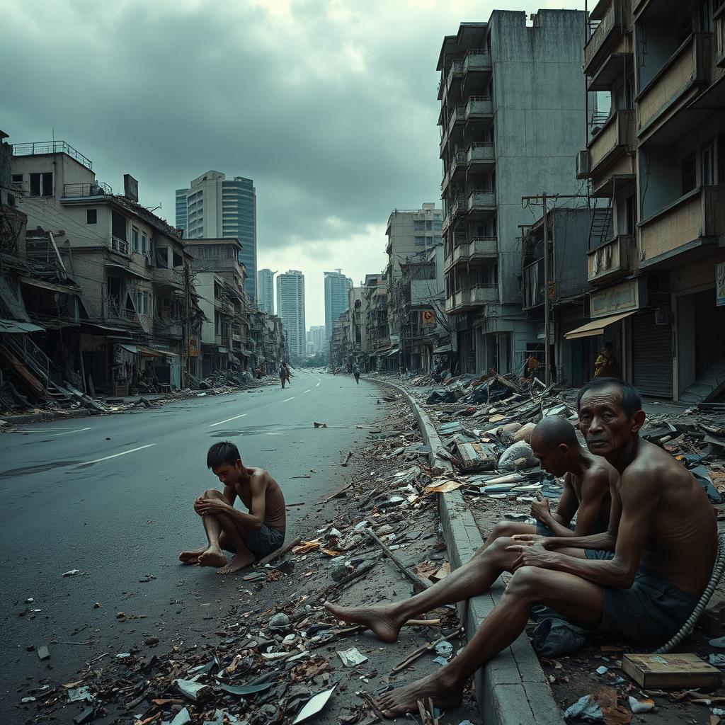 A haunting and desolate scene of post-tsunami Jakarta, depicting the aftermath of a devastating natural disaster