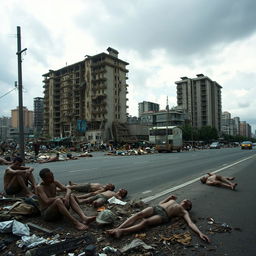 A devastated cityscape of Jakarta after a catastrophic tsunami, showcasing buildings that are completely destroyed and collapsed, with the remnants of structures revealing a sense of despair