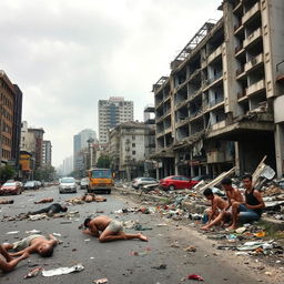 A devastated cityscape of Jakarta after a catastrophic tsunami, showcasing buildings that are completely destroyed and collapsed, with the remnants of structures revealing a sense of despair