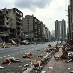 A devastated cityscape of Jakarta after a catastrophic tsunami, showcasing buildings that are completely destroyed and collapsed, with the remnants of structures revealing a sense of despair