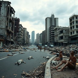 A devastated cityscape of Jakarta after a catastrophic tsunami, showcasing buildings that are completely destroyed and collapsed, with the remnants of structures revealing a sense of despair