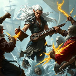 A dynamic scene featuring a tall half-elf bard standing at 7 feet, engaged in an intense battle with burly rogues