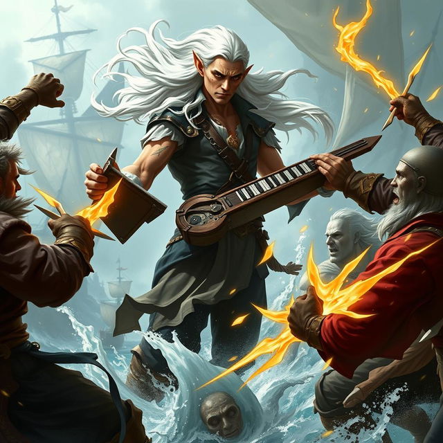 A dynamic scene featuring a tall half-elf bard standing at 7 feet, engaged in an intense battle with burly rogues