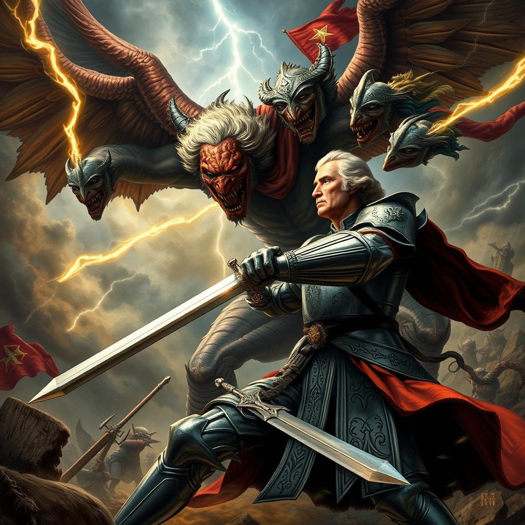 A dramatic scene portraying George Washington clad in ornate knight's armor, wielding a gleaming sword, engaged in an intense battle against a giant, menacing winged demon