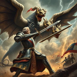 A dramatic scene portraying George Washington clad in ornate knight's armor, wielding a gleaming sword, engaged in an intense battle against a giant, menacing winged demon