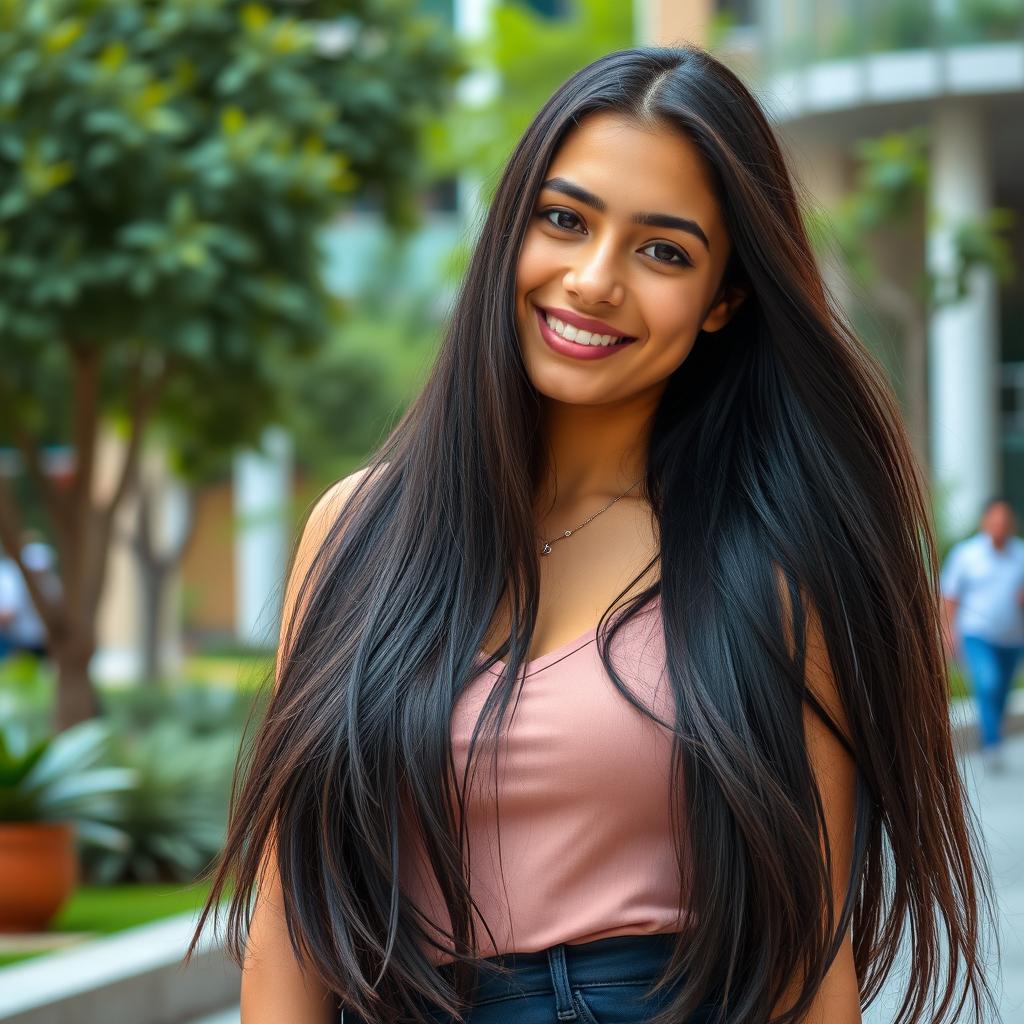 A gorgeous 18-year-old Egyptian student with long, flowing black hair that cascades down her shoulders