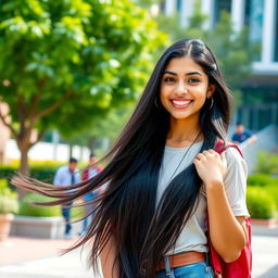 A gorgeous 18-year-old Egyptian student with long, flowing black hair that cascades down her shoulders