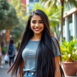 A gorgeous 18-year-old Egyptian student with long, flowing black hair that cascades down her shoulders