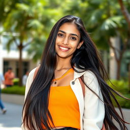 A gorgeous 18-year-old Egyptian student with long, flowing black hair that cascades down her shoulders