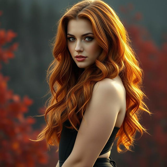 A gorgeous 18-year-old European with long, vibrant ginger hair that falls in soft waves around her shoulders, showcasing a voluptuous body with a fiery and confident expression