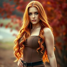 A gorgeous 18-year-old European with long, vibrant ginger hair that falls in soft waves around her shoulders, showcasing a voluptuous body with a fiery and confident expression