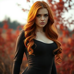 A gorgeous 18-year-old European with long, vibrant ginger hair that falls in soft waves around her shoulders, showcasing a voluptuous body with a fiery and confident expression