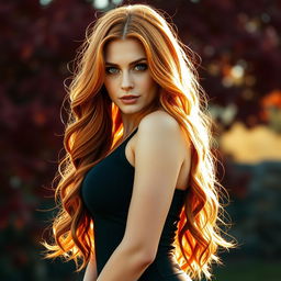 A gorgeous 18-year-old European with long, vibrant ginger hair that falls in soft waves around her shoulders, showcasing a voluptuous body with a fiery and confident expression