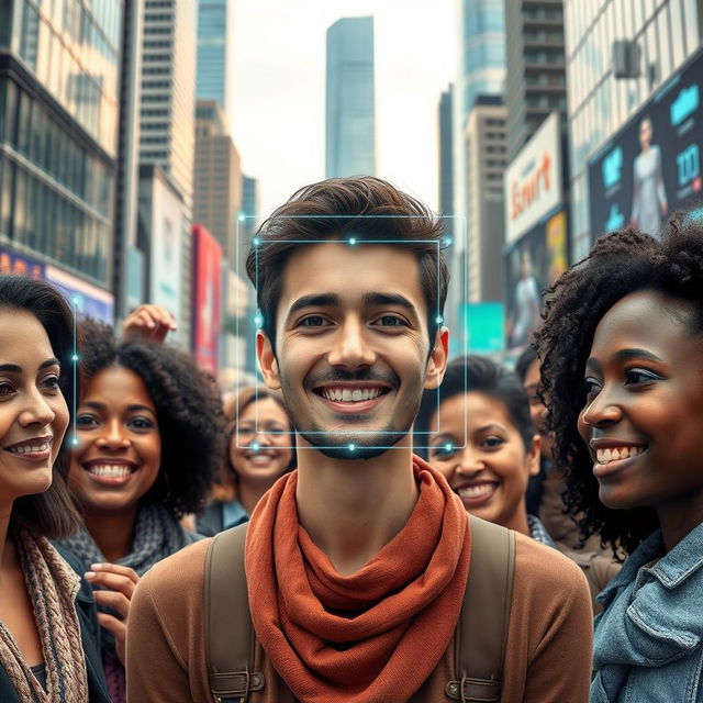 An artistic representation of facial recognition technology in action, featuring a diverse group of adults in a modern urban setting with digital overlays indicating various data points