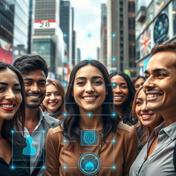 An artistic representation of facial recognition technology in action, featuring a diverse group of adults in a modern urban setting with digital overlays indicating various data points