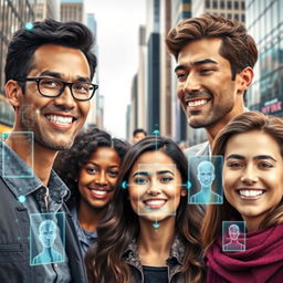 An artistic representation of facial recognition technology in action, featuring a diverse group of adults in a modern urban setting with digital overlays indicating various data points