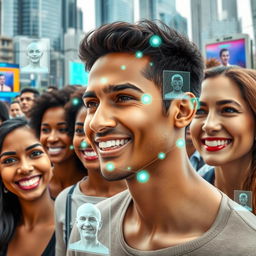 An artistic representation of facial recognition technology in action, featuring a diverse group of adults in a modern urban setting with digital overlays indicating various data points