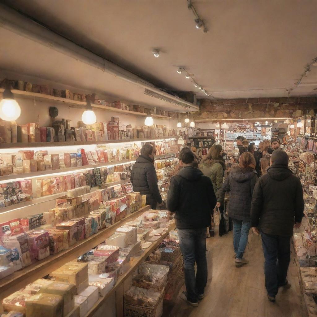 A detailed picture of a bustling store full of an array of goods, with warm lighting and customers browsing