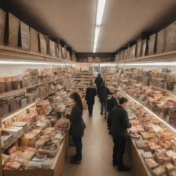 A detailed picture of a bustling store full of an array of goods, with warm lighting and customers browsing