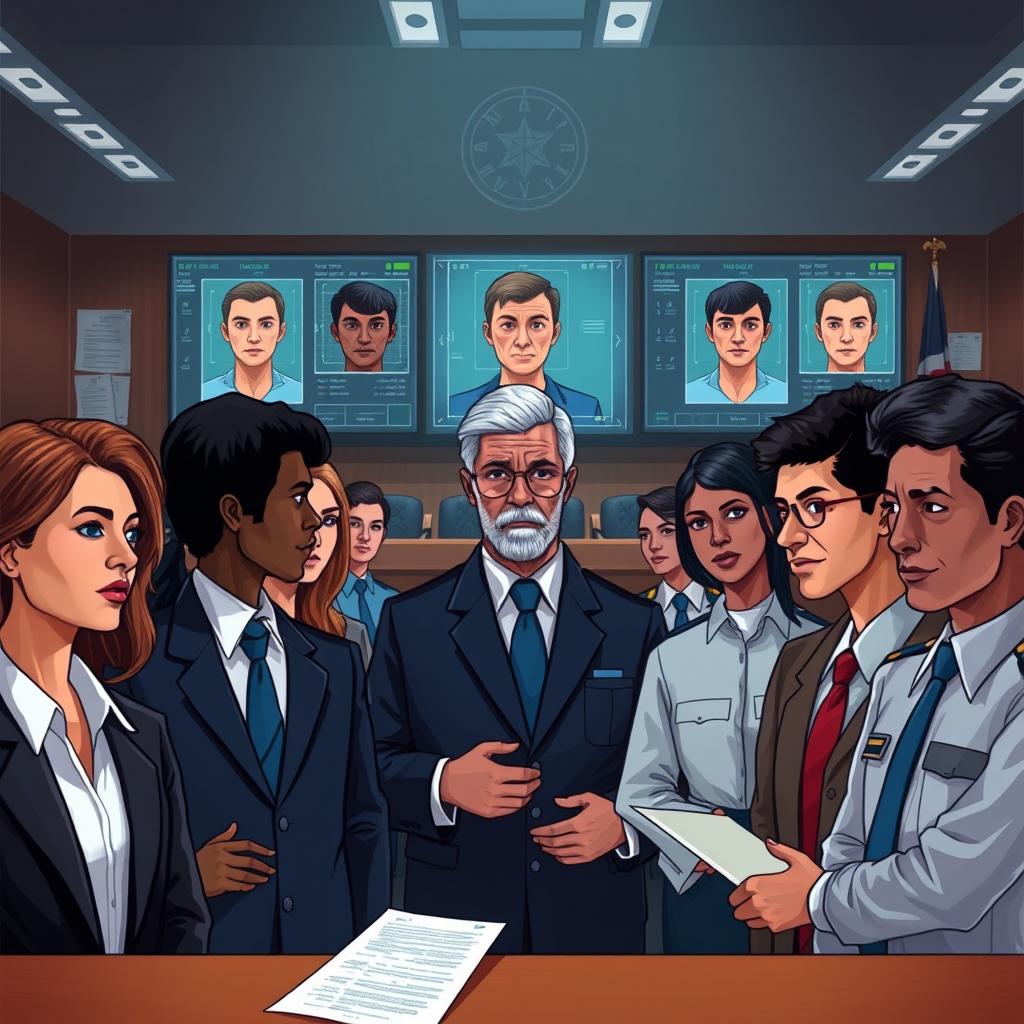 An illustration depicting the concept of facial recognition technology used in criminal investigations, featuring a diverse group of adult suspects and law enforcement officials in a courtroom setting