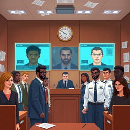 An illustration depicting the concept of facial recognition technology used in criminal investigations, featuring a diverse group of adult suspects and law enforcement officials in a courtroom setting