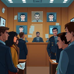 An illustration depicting the concept of facial recognition technology used in criminal investigations, featuring a diverse group of adult suspects and law enforcement officials in a courtroom setting