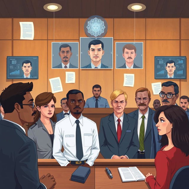 An illustration depicting the concept of facial recognition technology used in criminal investigations, featuring a diverse group of adult suspects and law enforcement officials in a courtroom setting