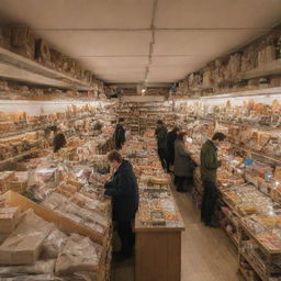 A detailed picture of a bustling store full of an array of goods, with warm lighting and customers browsing