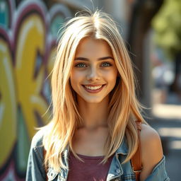 A cute 18-year-old European with shoulder-length blonde hair styled in a fun, playful manner