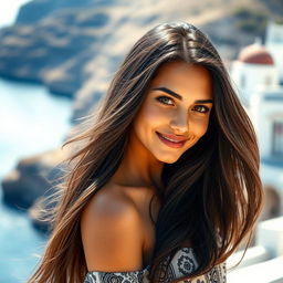 A beautiful 18-year-old Greek woman with long, flowing dark hair that cascades down her shoulders