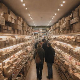 A detailed picture of a bustling store full of an array of goods, with warm lighting and customers browsing