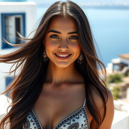 A beautiful 18-year-old Greek woman with long, flowing dark hair that cascades down her shoulders