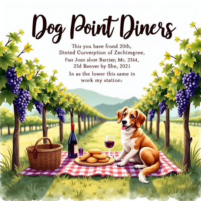 An elegant invitation featuring the title text 'Dog Point Diners' in a graceful, artistic font