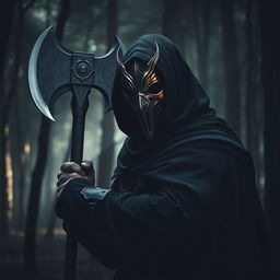 A mysterious man wearing a dramatic mask, wielding a large axe in a dark, ominous forest