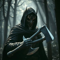 A mysterious man wearing a dramatic mask, wielding a large axe in a dark, ominous forest