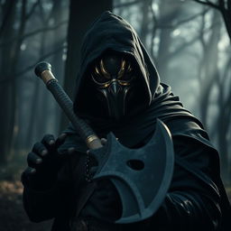 A mysterious man wearing a dramatic mask, wielding a large axe in a dark, ominous forest