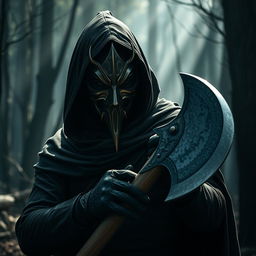 A mysterious man wearing a dramatic mask, wielding a large axe in a dark, ominous forest