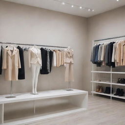 A modern and stylish clothing store containing fashionable clothing items displayed on neat shelves and elegant mannequins.