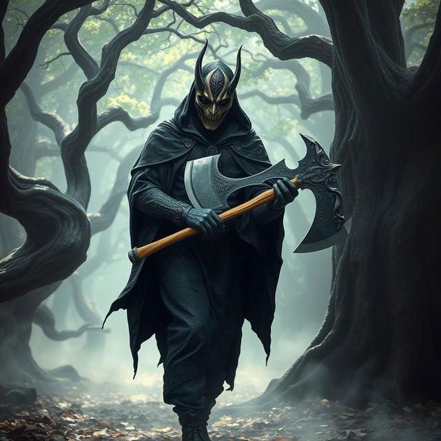 A mysterious man wearing an elaborate mask, holding a large axe in a shadowy, enchanted forest