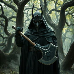 A mysterious man wearing an elaborate mask, holding a large axe in a shadowy, enchanted forest